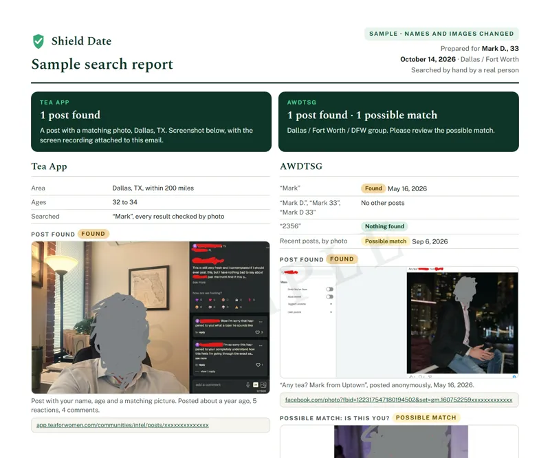 Sample Shield Date search report showing Tea App and AWDTSG results with screenshots (names and images changed)